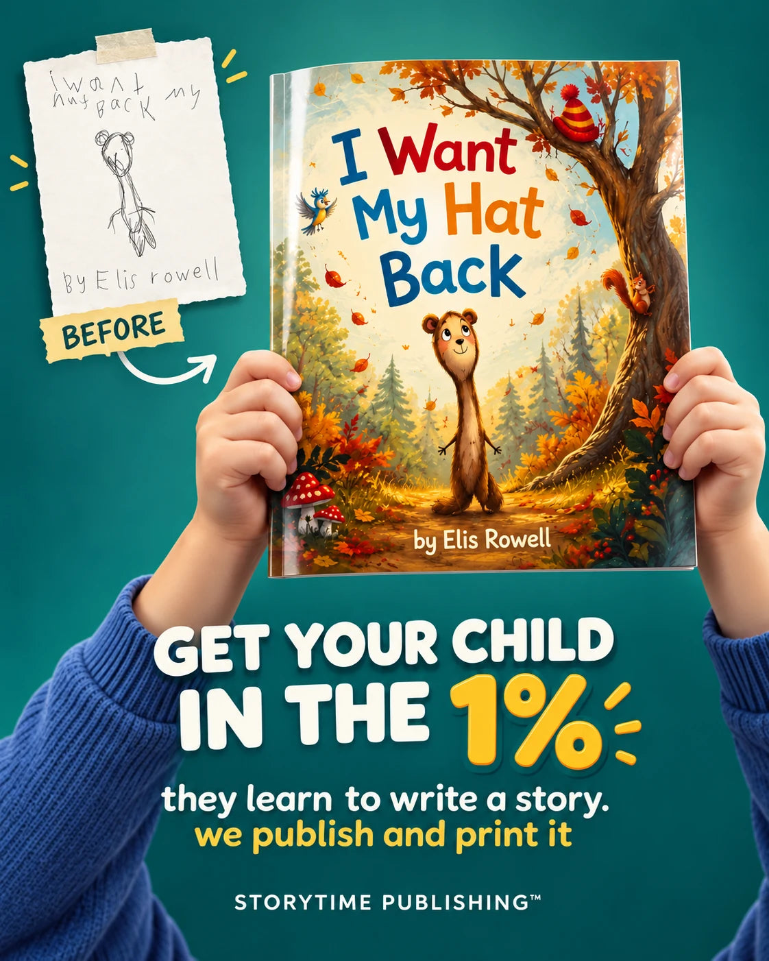 A child's original drawing beside their finished I Want My Hat Back book, with a digitally redrawn cover